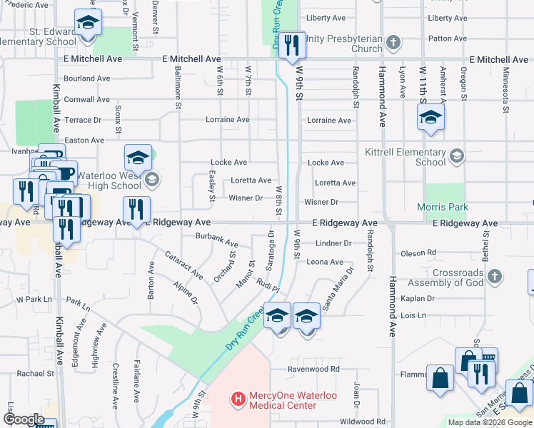map of restaurants, bars, coffee shops, grocery stores, and more near 929 East Ridgeway Avenue in Waterloo