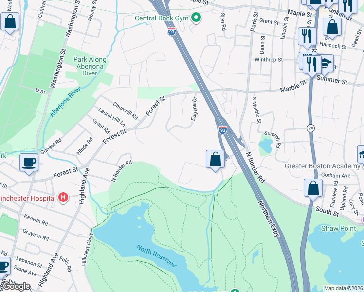 map of restaurants, bars, coffee shops, grocery stores, and more near 31 Bellevue Avenue in Winchester