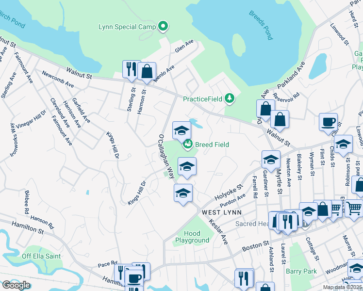 map of restaurants, bars, coffee shops, grocery stores, and more near 90 O'Callaghan Way in Lynn