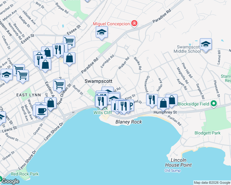 map of restaurants, bars, coffee shops, grocery stores, and more near 121 Elmwood Road in Swampscott