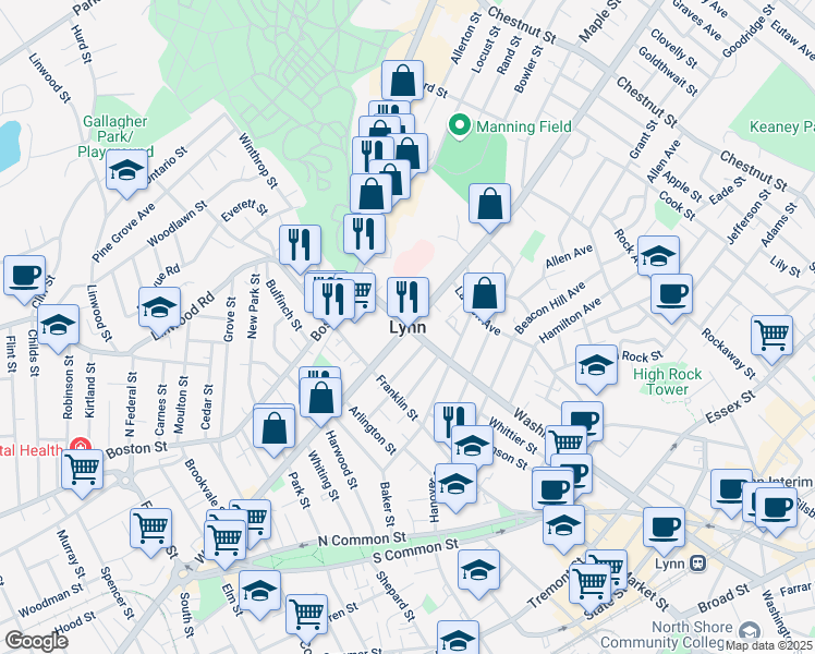 map of restaurants, bars, coffee shops, grocery stores, and more near in Lynn