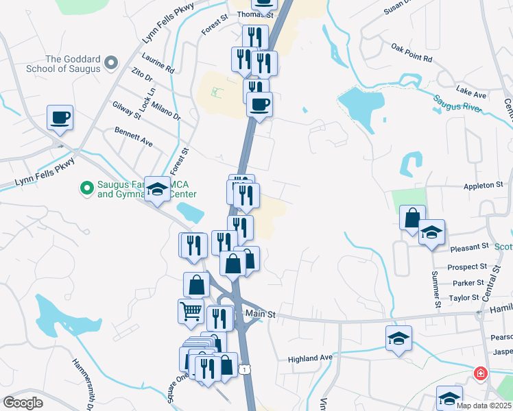map of restaurants, bars, coffee shops, grocery stores, and more near 880 Broadway in Saugus