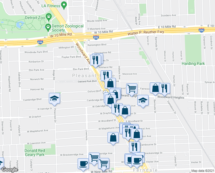 map of restaurants, bars, coffee shops, grocery stores, and more near 5157 Woodward Avenue in Pleasant Ridge