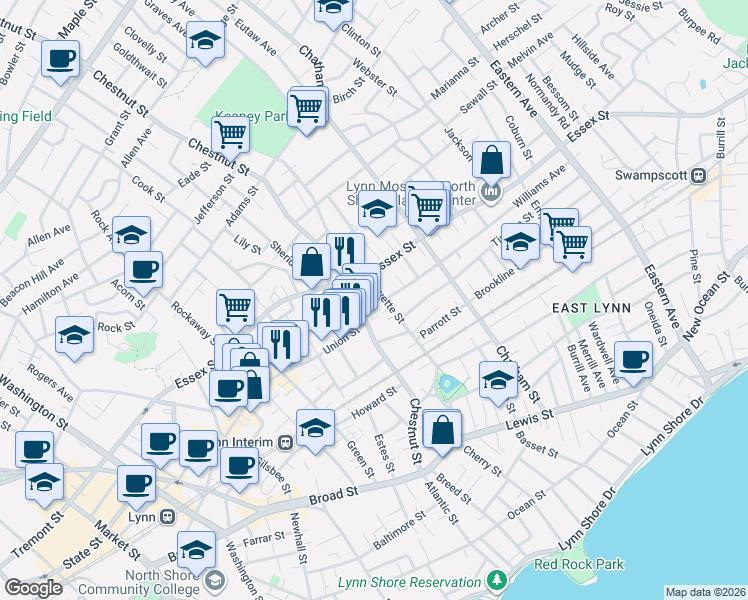 map of restaurants, bars, coffee shops, grocery stores, and more near 70 Fayette Street in Lynn