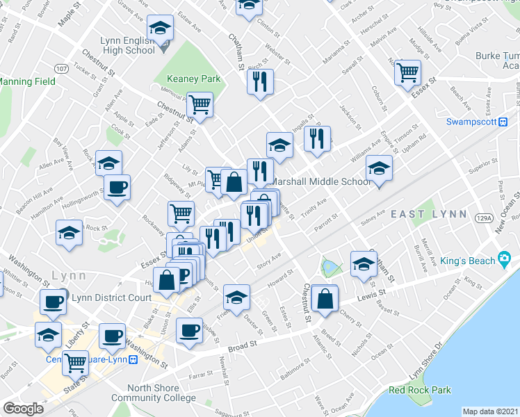 map of restaurants, bars, coffee shops, grocery stores, and more near 20 Lincoln Street in Lynn
