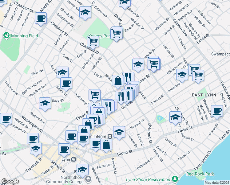 map of restaurants, bars, coffee shops, grocery stores, and more near 18 Union Place in Lynn