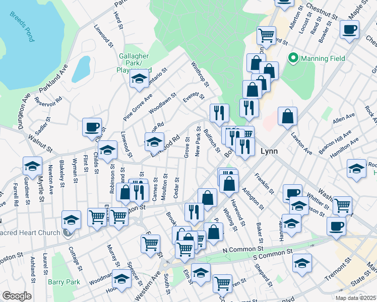 map of restaurants, bars, coffee shops, grocery stores, and more near 64 New Park Street in Lynn