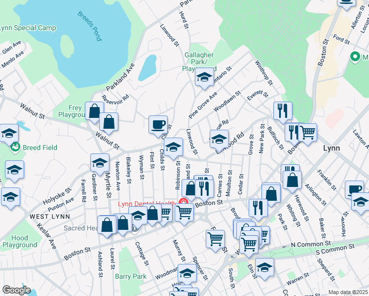 map of restaurants, bars, coffee shops, grocery stores, and more near 15 Shillington Avenue in Lynn