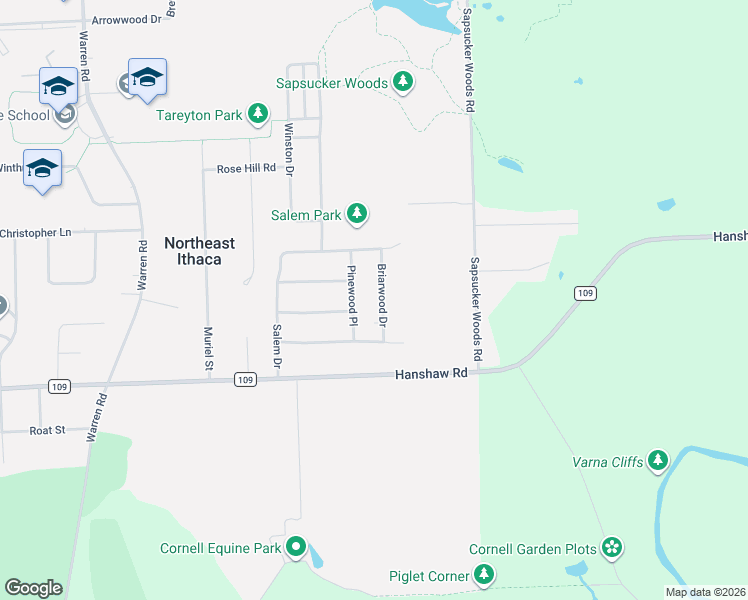 map of restaurants, bars, coffee shops, grocery stores, and more near 105 Pinewood Place in Ithaca