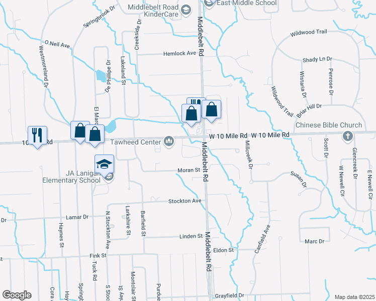 map of restaurants, bars, coffee shops, grocery stores, and more near 23944 Noble Drive in Farmington Hills