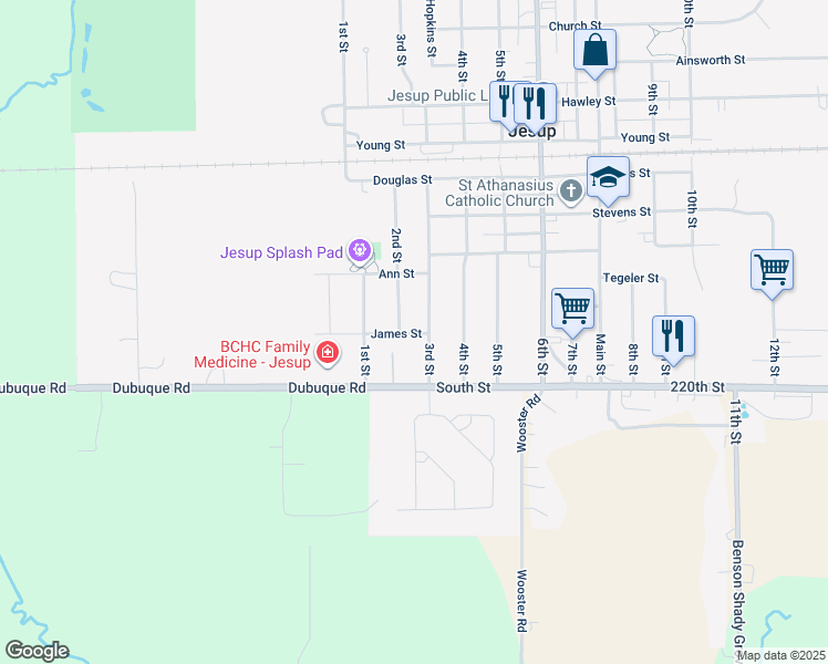 map of restaurants, bars, coffee shops, grocery stores, and more near 244 James Street in Jesup