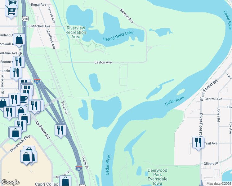 map of restaurants, bars, coffee shops, grocery stores, and more near in Waterloo