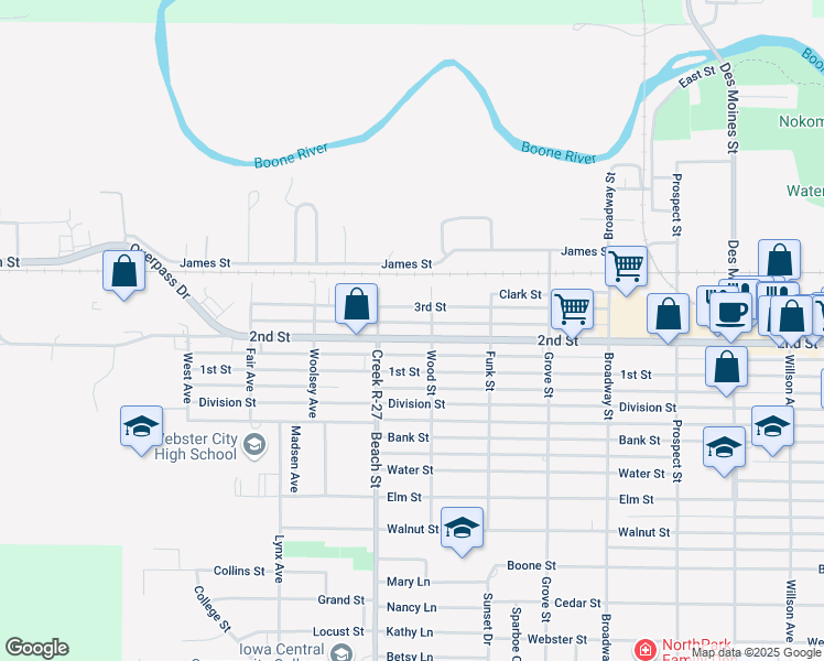 map of restaurants, bars, coffee shops, grocery stores, and more near 1212 2nd Street in Webster City