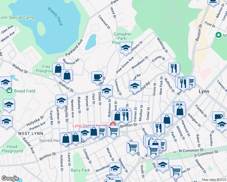 map of restaurants, bars, coffee shops, grocery stores, and more near 15 Shillington Avenue in Lynn