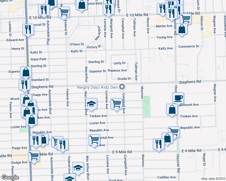 map of restaurants, bars, coffee shops, grocery stores, and more near 11037 Chapp Avenue in Warren