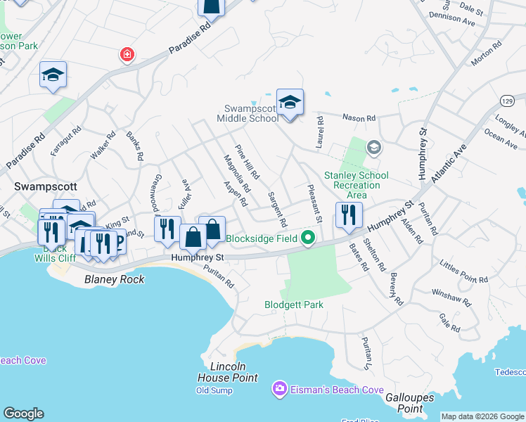 map of restaurants, bars, coffee shops, grocery stores, and more near 86 Aspen Road in Swampscott