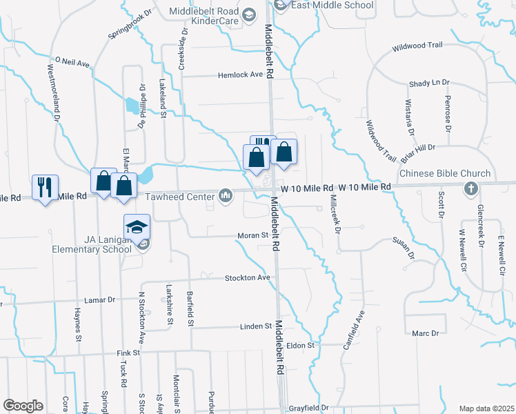 map of restaurants, bars, coffee shops, grocery stores, and more near 29491 Juneau Lane in Farmington Hills