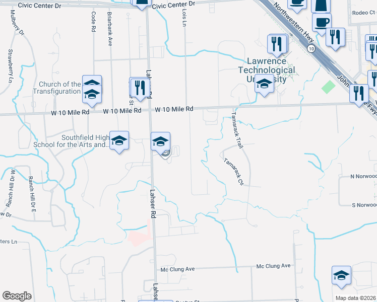 map of restaurants, bars, coffee shops, grocery stores, and more near 24675 Lois Lane in Southfield