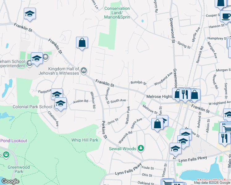 map of restaurants, bars, coffee shops, grocery stores, and more near 31 North Avenue in Melrose