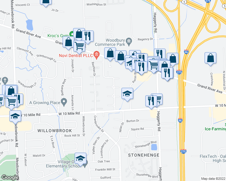map of restaurants, bars, coffee shops, grocery stores, and more near 24559 Olde Orchard Street in Novi