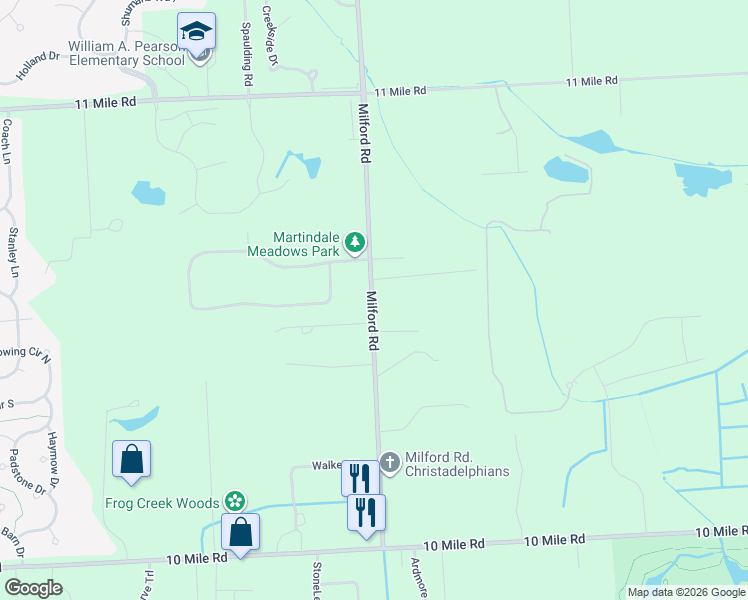 map of restaurants, bars, coffee shops, grocery stores, and more near 25100 Milford Road in South Lyon