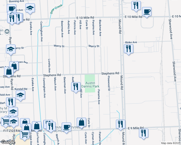 map of restaurants, bars, coffee shops, grocery stores, and more near 5200 Stephens Road in Warren