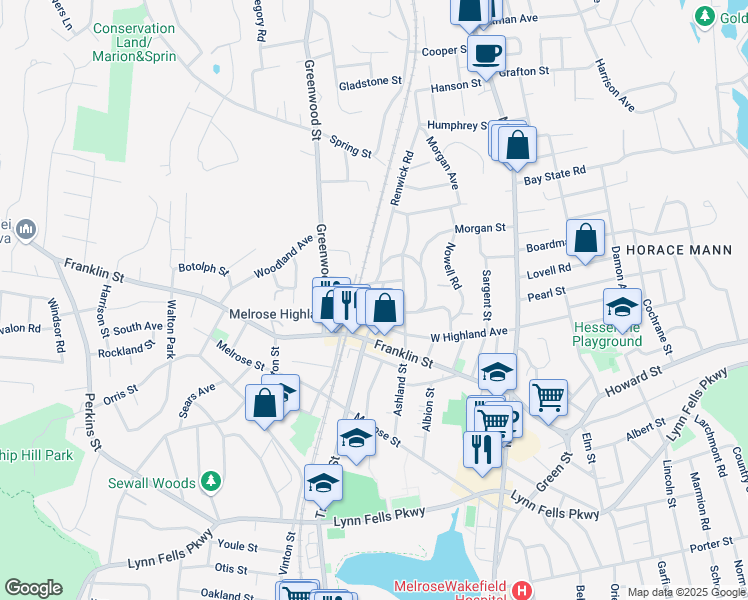map of restaurants, bars, coffee shops, grocery stores, and more near 36 Chipman Avenue in Melrose
