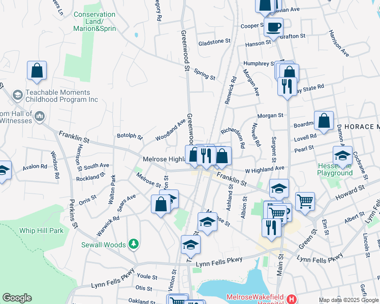 map of restaurants, bars, coffee shops, grocery stores, and more near 28 Greenwood Street in Melrose