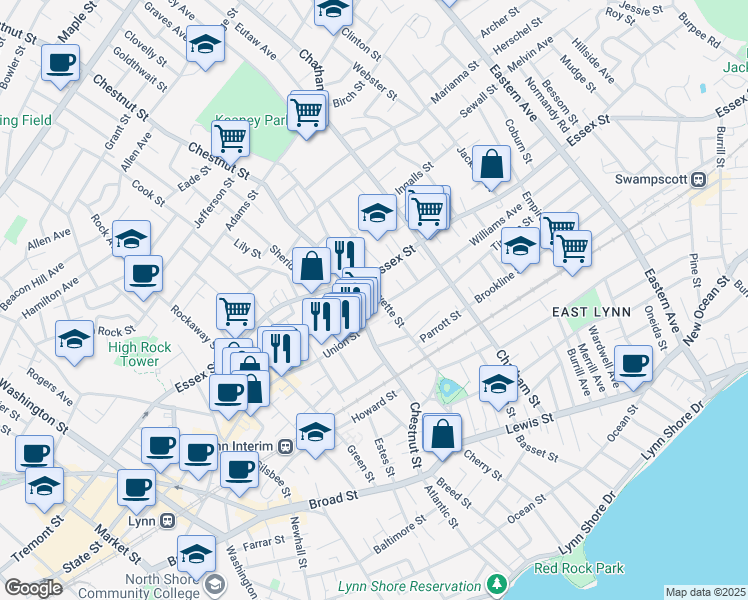 map of restaurants, bars, coffee shops, grocery stores, and more near 70 Fayette Street in Lynn