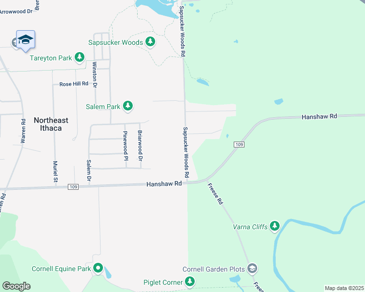 map of restaurants, bars, coffee shops, grocery stores, and more near 124 Sapsucker Woods Road in Ithaca