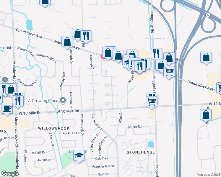 map of restaurants, bars, coffee shops, grocery stores, and more near 24559 Olde Orchard Street in Novi