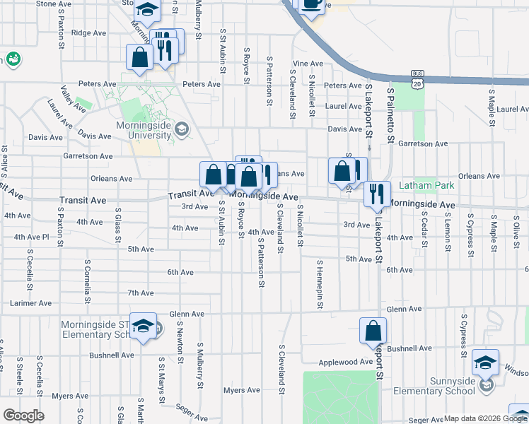 map of restaurants, bars, coffee shops, grocery stores, and more near 2001-2041 South Patterson Street in Sioux City