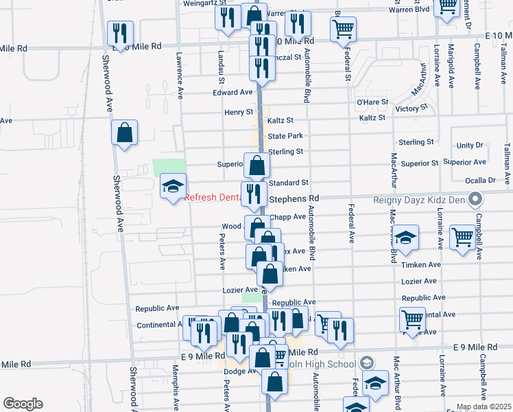 map of restaurants, bars, coffee shops, grocery stores, and more near 7577 Wood Avenue in Center Line