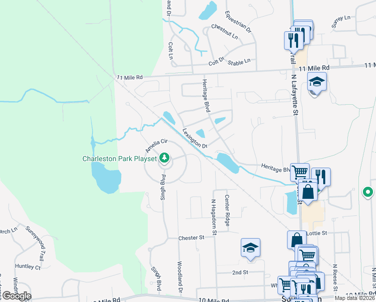 map of restaurants, bars, coffee shops, grocery stores, and more near 25691 Lexington Drive in South Lyon