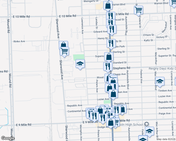 map of restaurants, bars, coffee shops, grocery stores, and more near 7239 Wood Avenue in Center Line