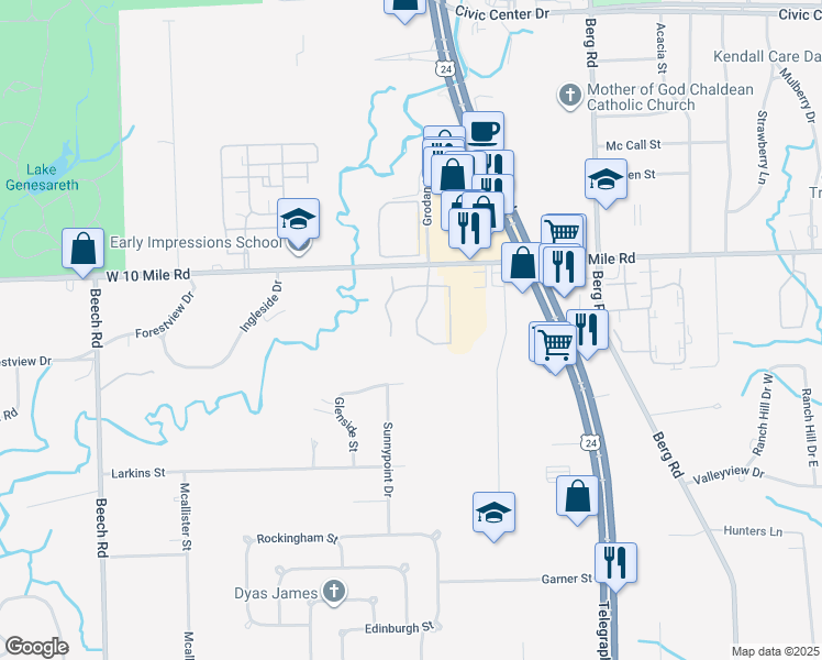 map of restaurants, bars, coffee shops, grocery stores, and more near 24721 Primrose Lane in Southfield