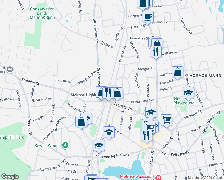 map of restaurants, bars, coffee shops, grocery stores, and more near 25 Chipman Avenue in Melrose