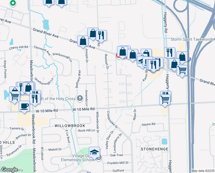 map of restaurants, bars, coffee shops, grocery stores, and more near 24420 Bashian Drive in Novi