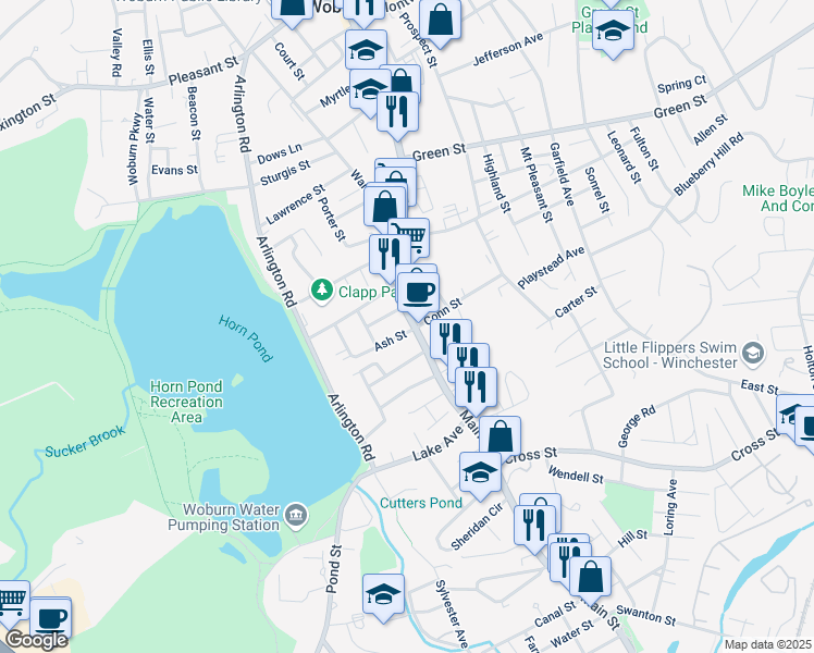 map of restaurants, bars, coffee shops, grocery stores, and more near 6 Ash Street in Woburn