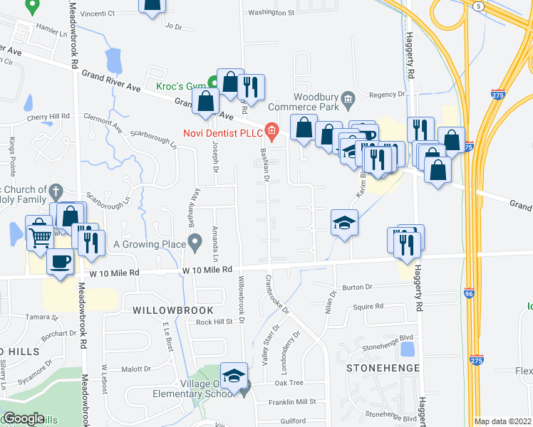 map of restaurants, bars, coffee shops, grocery stores, and more near 24420 Bashian Drive in Novi