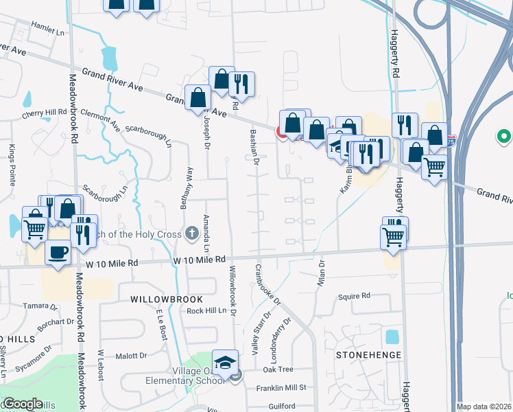 map of restaurants, bars, coffee shops, grocery stores, and more near 24420 Bashian Drive in Novi