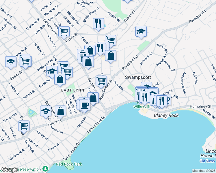 map of restaurants, bars, coffee shops, grocery stores, and more near 29 Rock Avenue in Swampscott