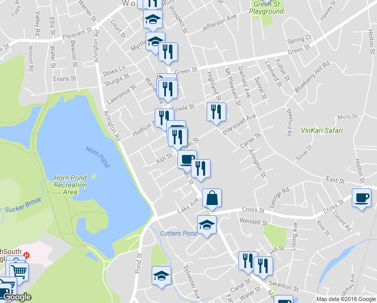 map of restaurants, bars, coffee shops, grocery stores, and more near 5 Conn Street in Woburn