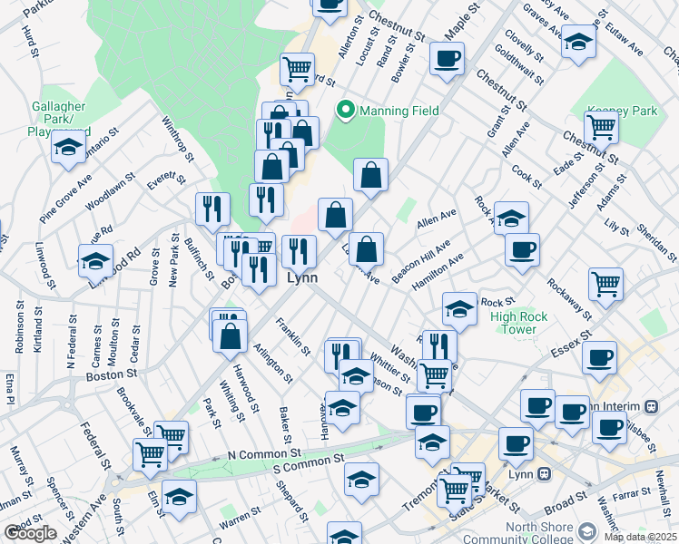 map of restaurants, bars, coffee shops, grocery stores, and more near 51 Laighton Street in Lynn