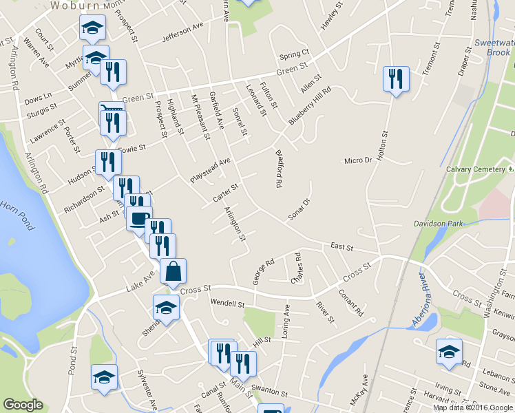 map of restaurants, bars, coffee shops, grocery stores, and more near 133 Garfield Avenue in Woburn