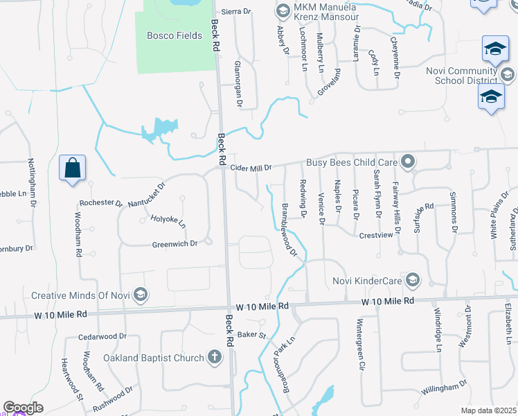 map of restaurants, bars, coffee shops, grocery stores, and more near 24525 Edgewood Court South in Novi
