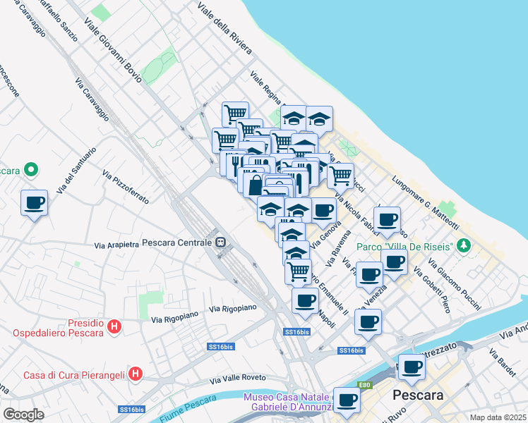 map of restaurants, bars, coffee shops, grocery stores, and more near 292 Corso Vittorio Emanuele II in Pescara