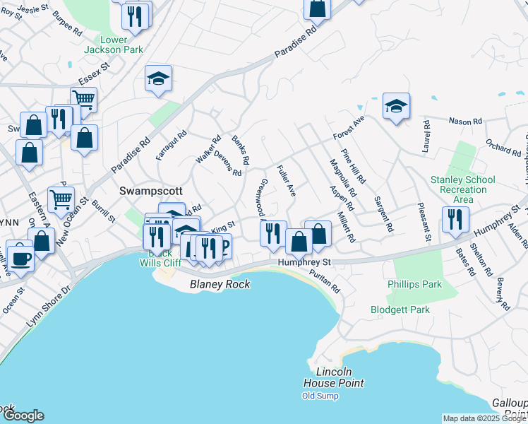 map of restaurants, bars, coffee shops, grocery stores, and more near 62-64 Greenwood Avenue in Swampscott