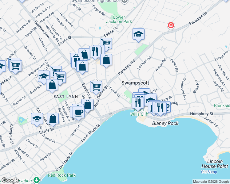 map of restaurants, bars, coffee shops, grocery stores, and more near Burrill Street in Swampscott