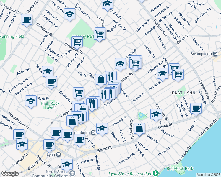 map of restaurants, bars, coffee shops, grocery stores, and more near 20 Lincoln Street in Lynn